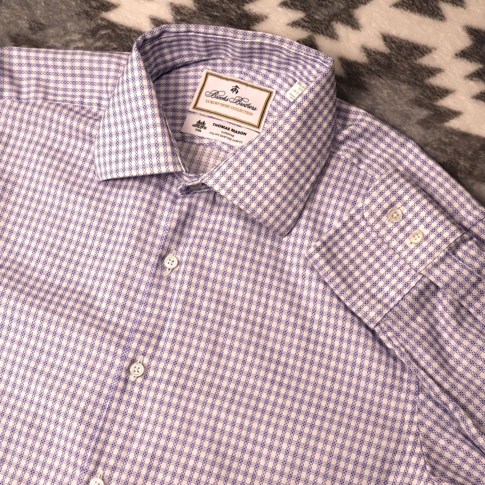 Brooks Brothers Thomas Mason Milano Fit Shirt 16 34 Purple White Check USA Made